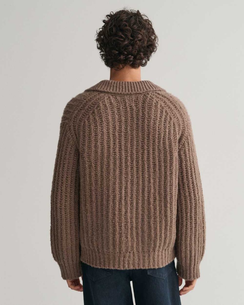 Gant Curly Wool Ribbed Polo Men's Sweater Desert Brown | BRPJG-6872