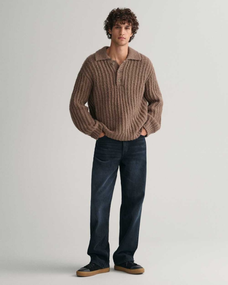 Gant Curly Wool Ribbed Polo Men's Sweater Desert Brown | BRPJG-6872