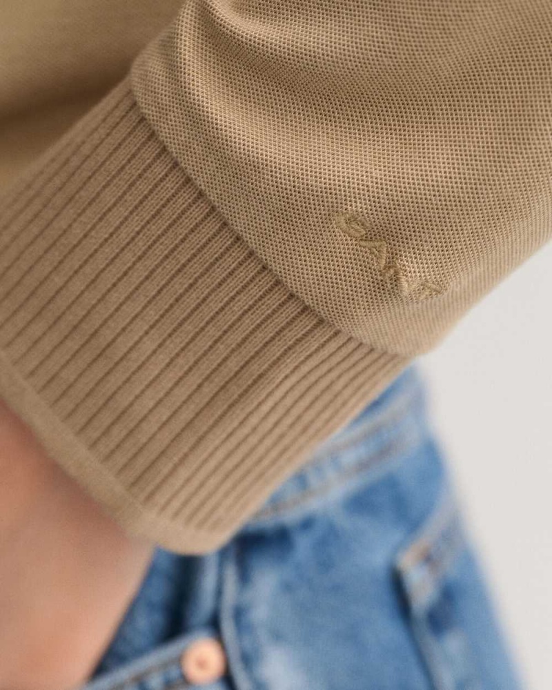 Gant Detail Collared Long Sleeve Women's Polo Shirt Dark Khaki | HZVKM-3895