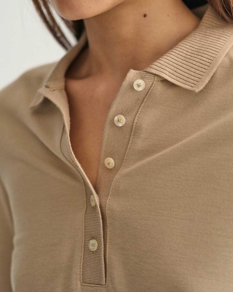 Gant Detail Collared Long Sleeve Women's Polo Shirt Dark Khaki | HZVKM-3895