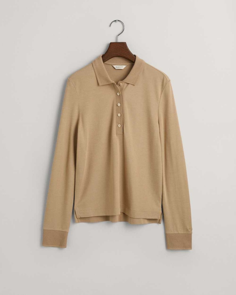 Gant Detail Collared Long Sleeve Women's Polo Shirt Dark Khaki | HZVKM-3895