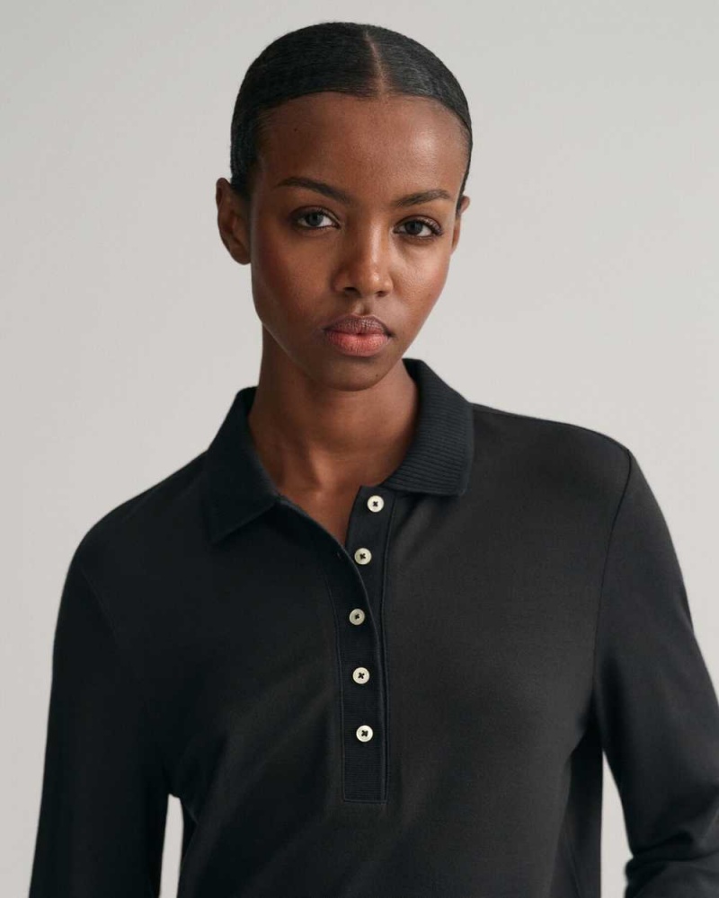 Gant Detail Collared Long Sleeve Women's Polo Shirt Black | NTODQ-4691