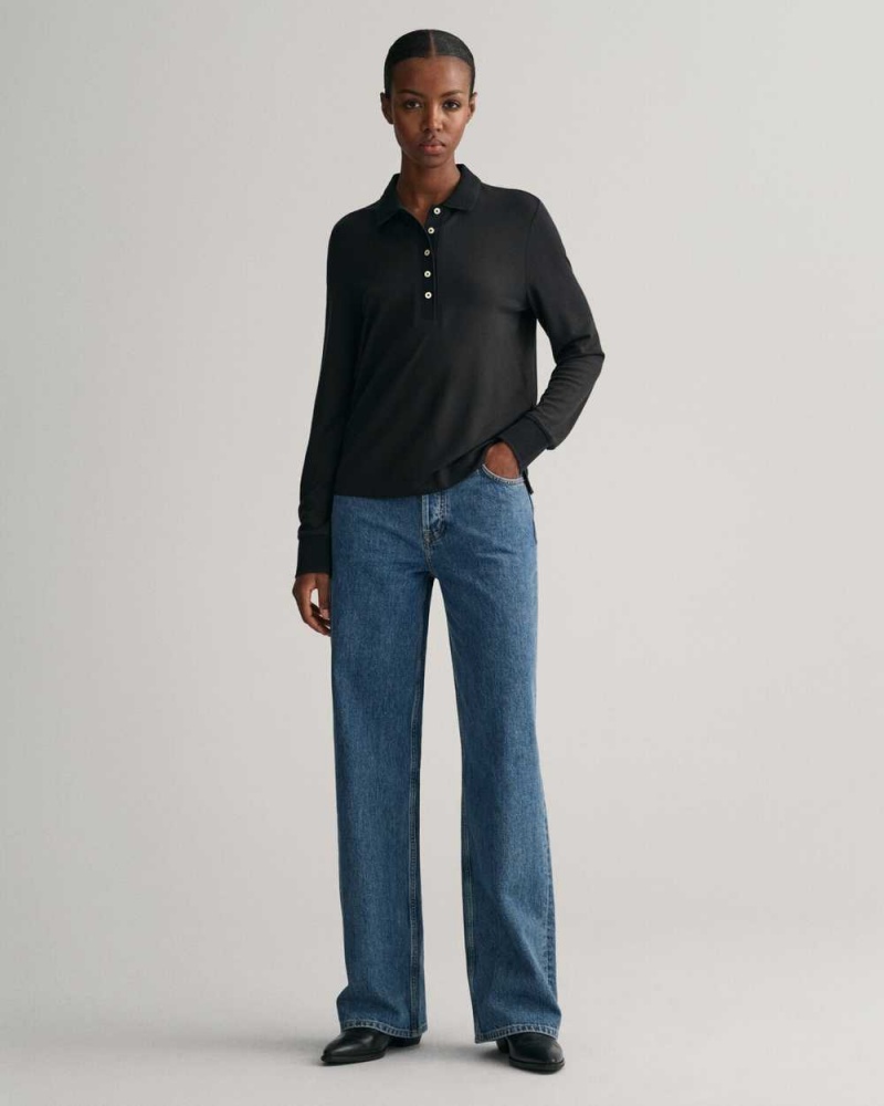 Gant Detail Collared Long Sleeve Women's Polo Shirt Black | NTODQ-4691