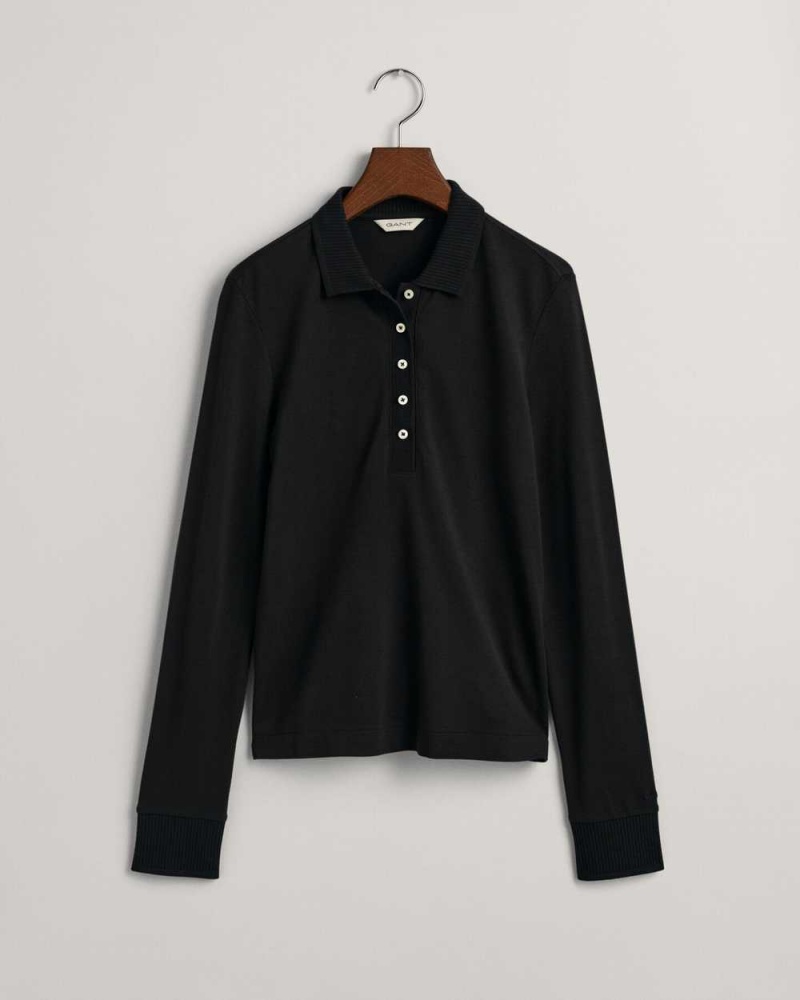 Gant Detail Collared Long Sleeve Women's Polo Shirt Black | NTODQ-4691