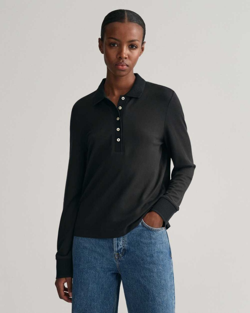 Gant Detail Collared Long Sleeve Women\'s Polo Shirt Black | NTODQ-4691