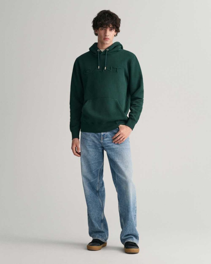 Gant Embossed Men's Hoodie Tartan Green | IWVEA-4270