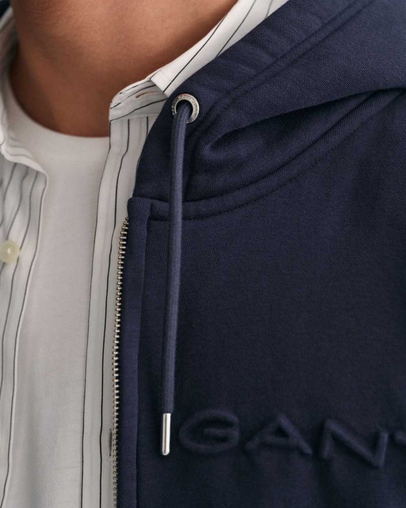 Gant Embossed Zip Men's Hoodie Evening Blue | OUZIF-5297