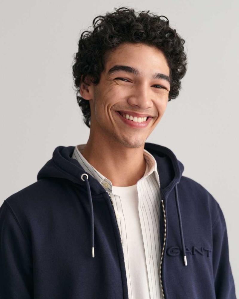 Gant Embossed Zip Men's Hoodie Evening Blue | OUZIF-5297