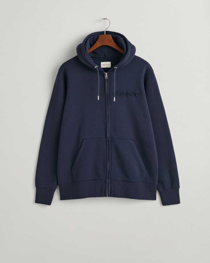 Gant Embossed Zip Men's Hoodie Evening Blue | OUZIF-5297