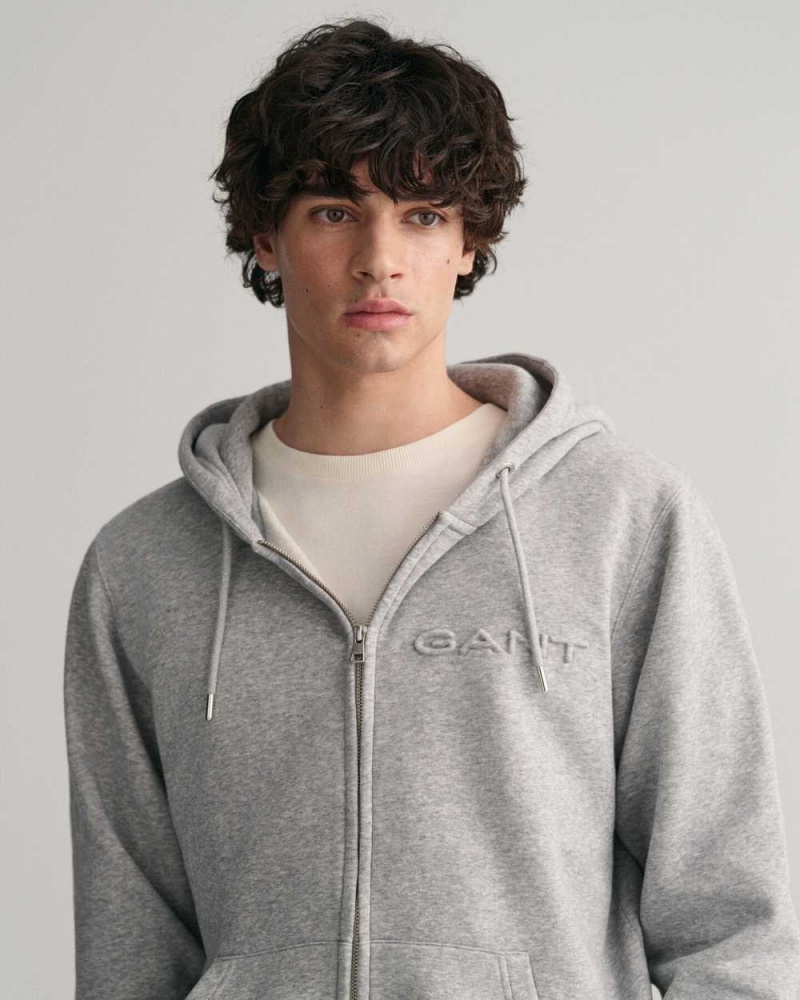 Gant Embossed Zip Men's Hoodie Grey Melange | ZGPOC-8476