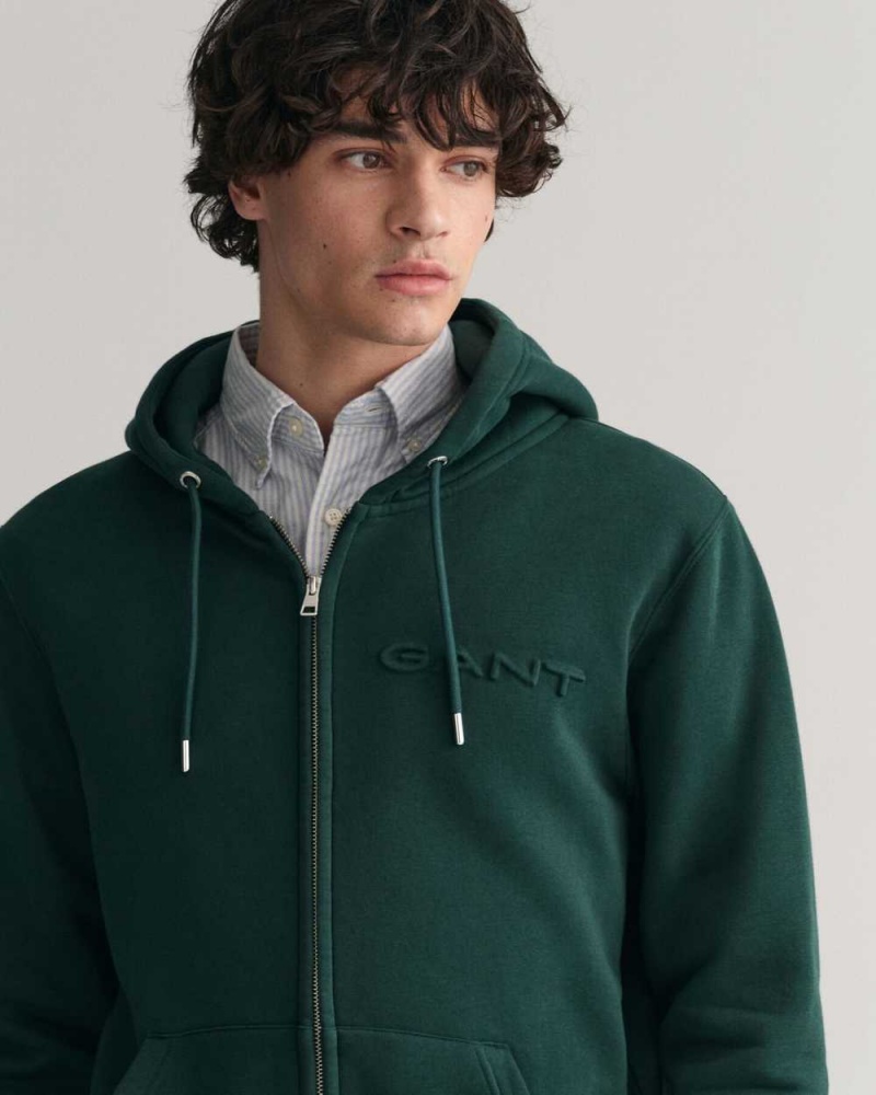 Gant Embossed Zip Men's Hoodie Tartan Green | CJBFX-4290