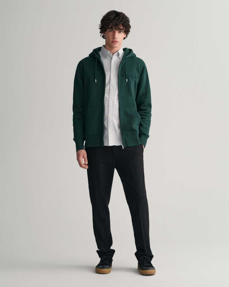 Gant Embossed Zip Men's Hoodie Tartan Green | CJBFX-4290