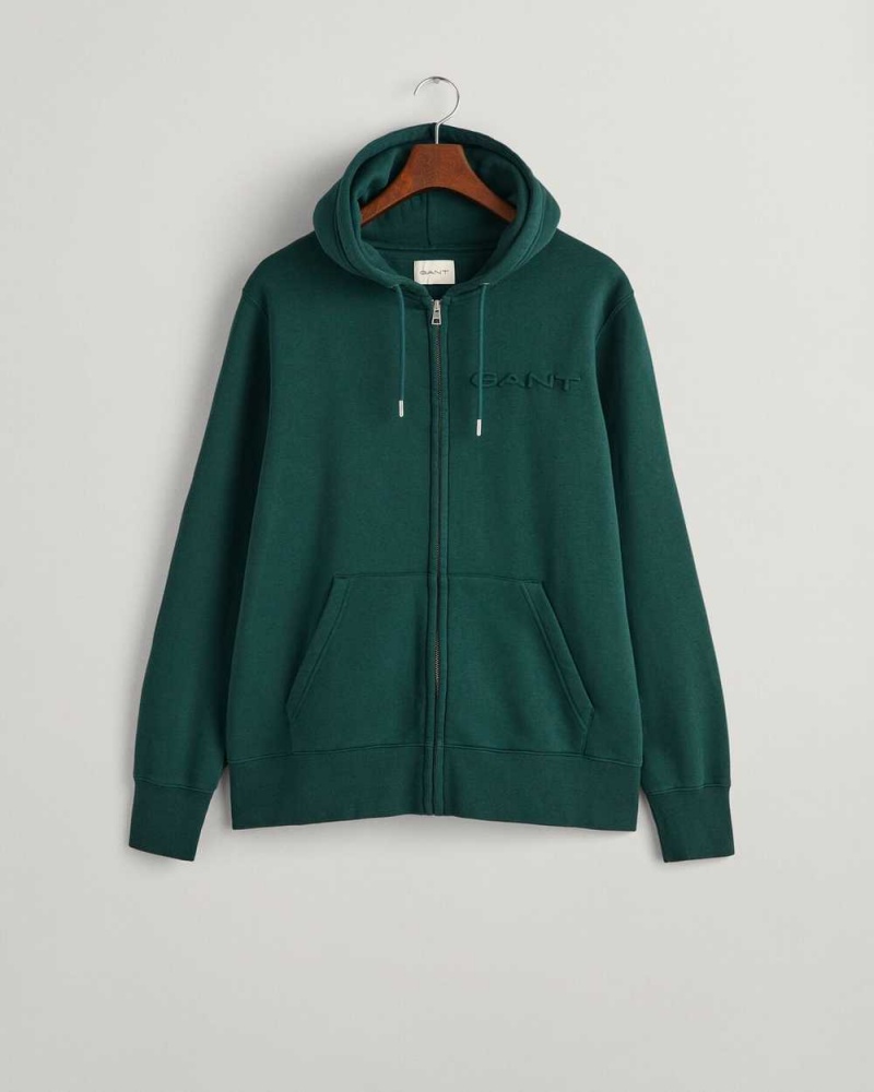 Gant Embossed Zip Men's Hoodie Tartan Green | CJBFX-4290