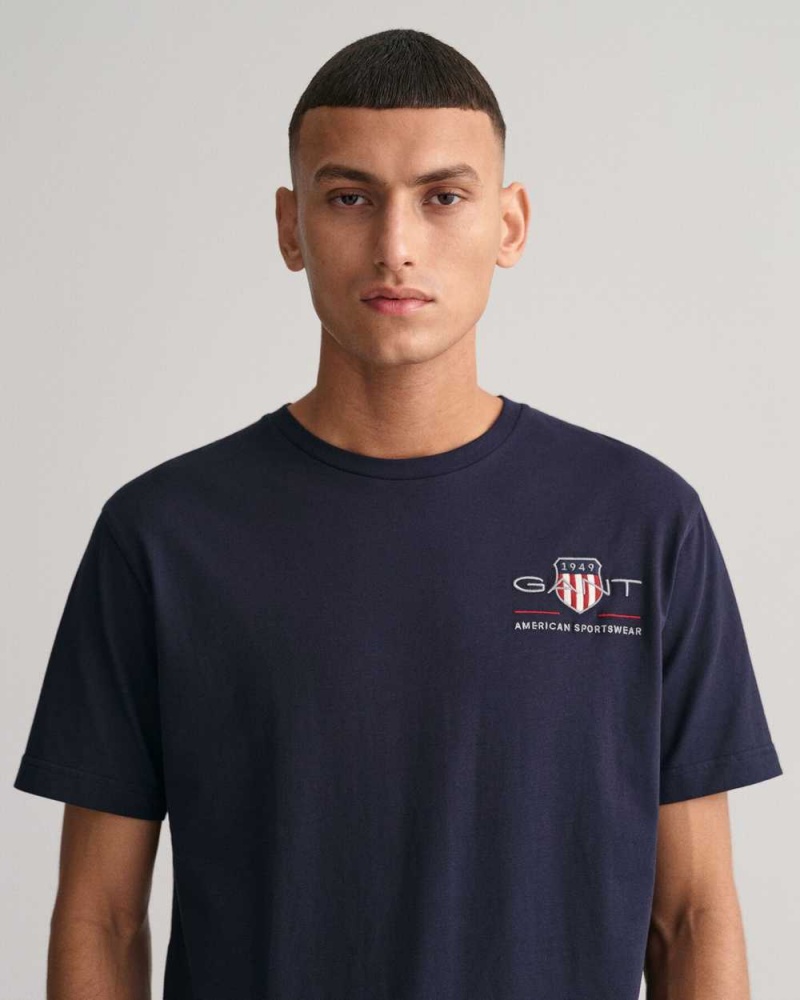 Gant Embroidered Archive Shield Men's T-Shirt Evening Blue | TKXAS-4731