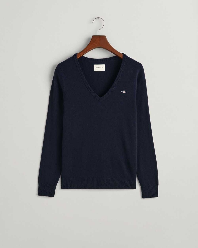 Gant Extra Fine V-Neck Women's Sweater Evening Blue | CISPG-2048