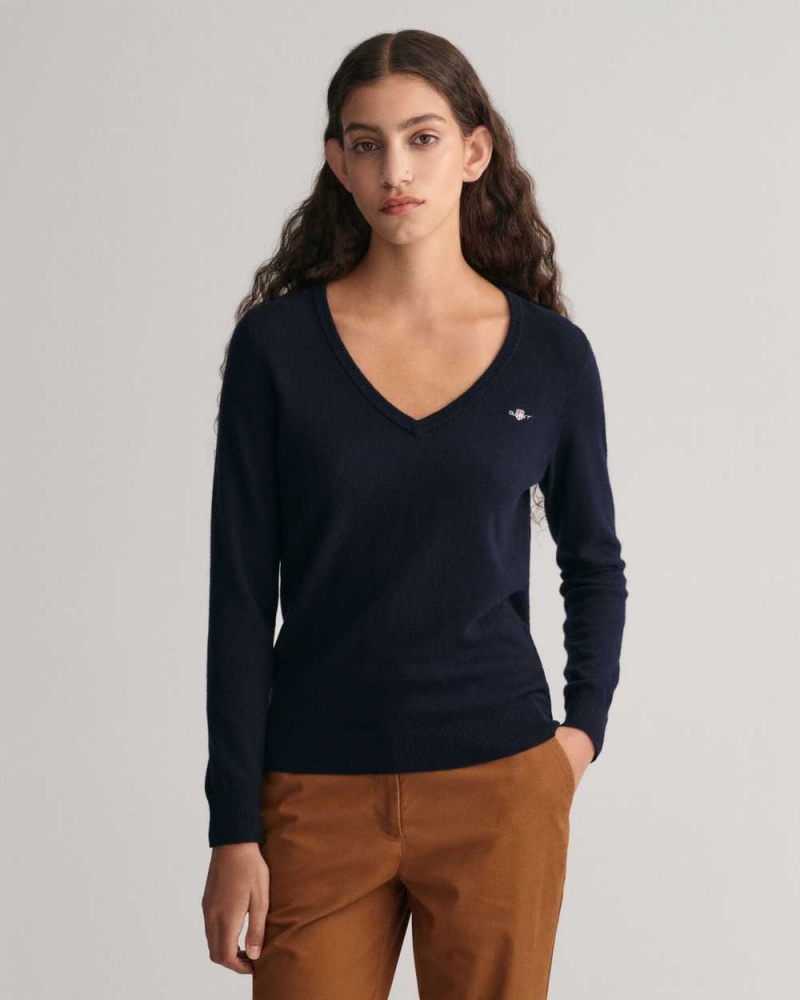 Gant Extra Fine V-Neck Women\'s Sweater Evening Blue | CISPG-2048