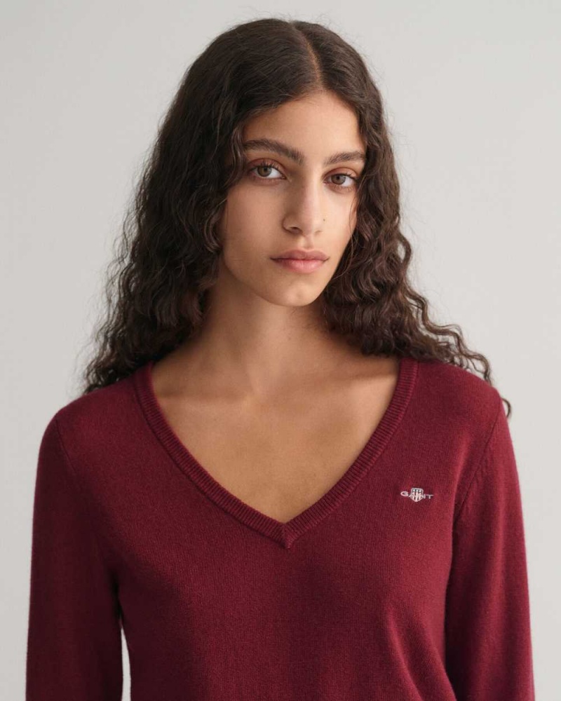 Gant Extra Fine V-Neck Women's Sweater Plumped Red | EHPUR-0873