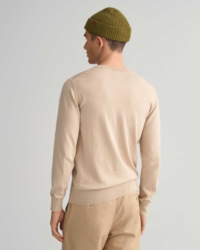 Gant Fine Cotton Crew Neck Men's Sweater Dry Sand | KXNFO-8410