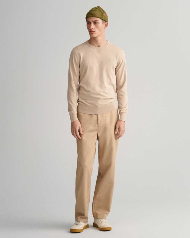 Gant Fine Cotton Crew Neck Men's Sweater Dry Sand | KXNFO-8410