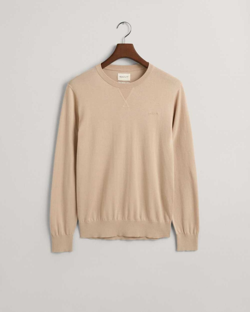 Gant Fine Cotton Crew Neck Men's Sweater Dry Sand | KXNFO-8410