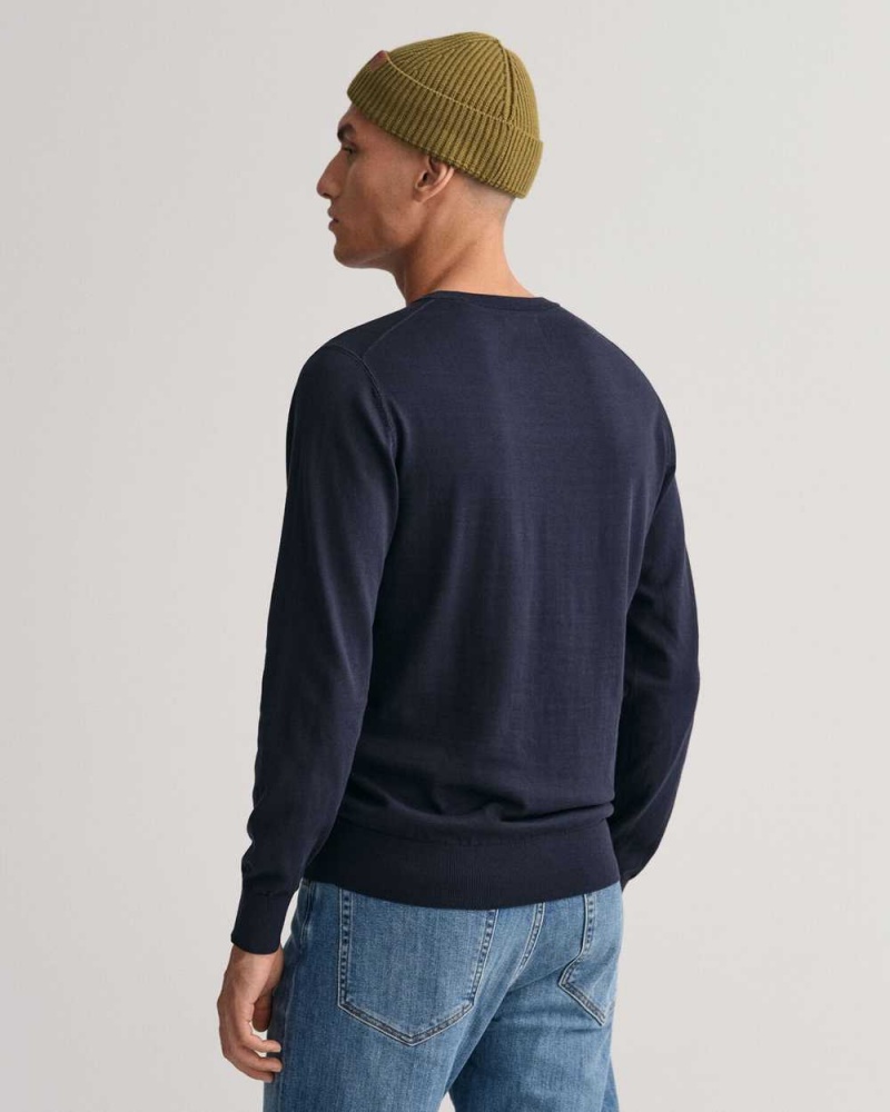 Gant Fine Cotton Crew Neck Men's Sweater Evening Blue | FGUPA-7325