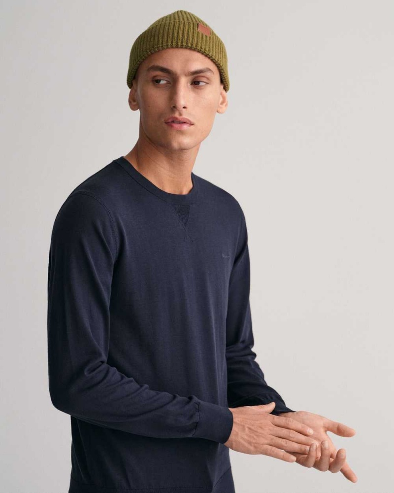 Gant Fine Cotton Crew Neck Men's Sweater Evening Blue | FGUPA-7325