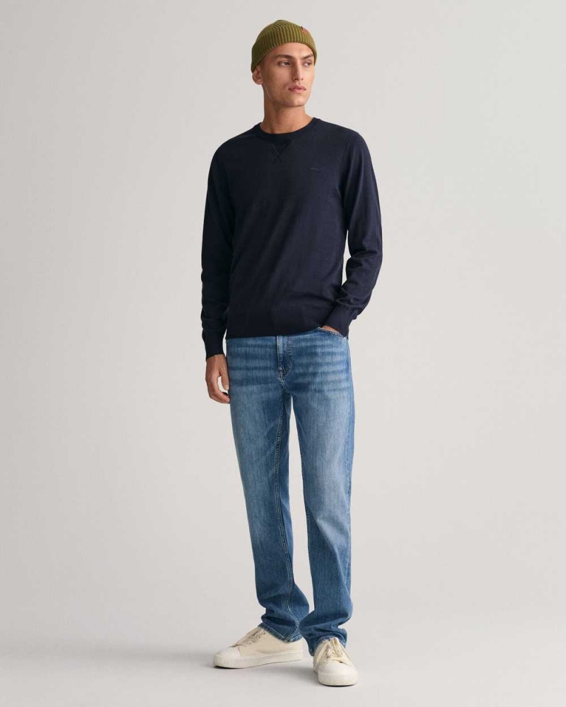 Gant Fine Cotton Crew Neck Men's Sweater Evening Blue | FGUPA-7325