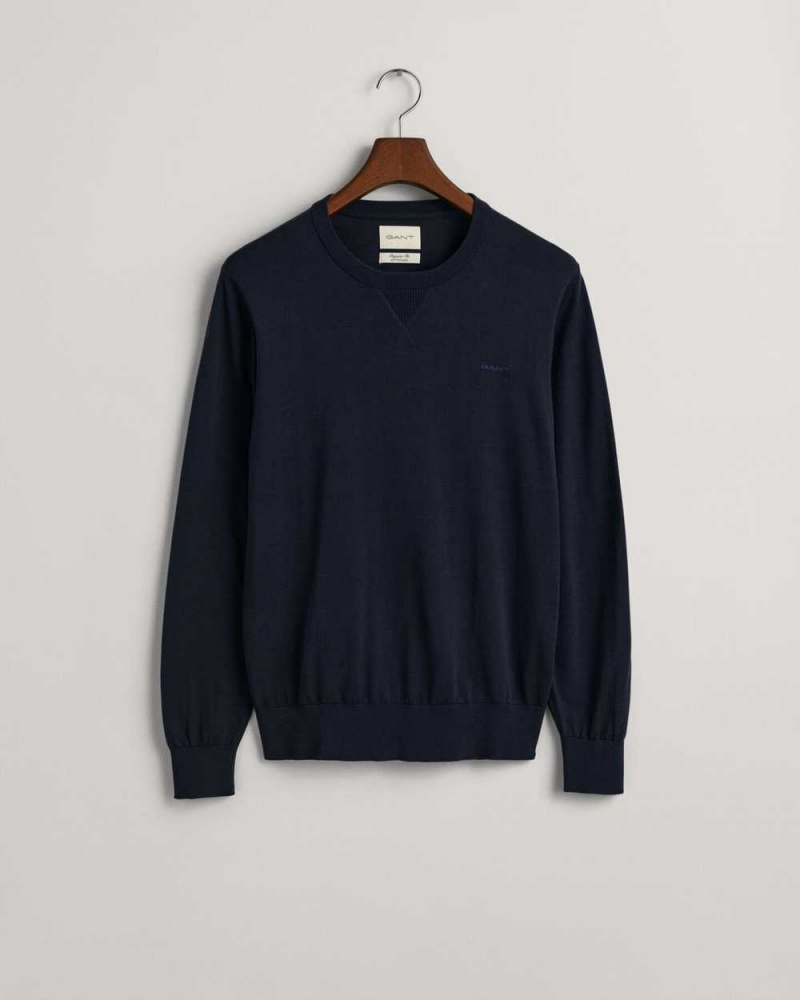 Gant Fine Cotton Crew Neck Men's Sweater Evening Blue | FGUPA-7325