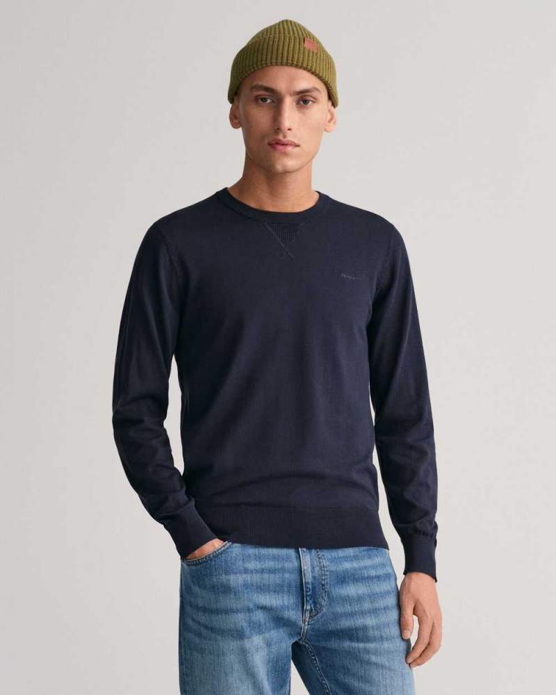 Gant Fine Cotton Crew Neck Men\'s Sweater Evening Blue | FGUPA-7325