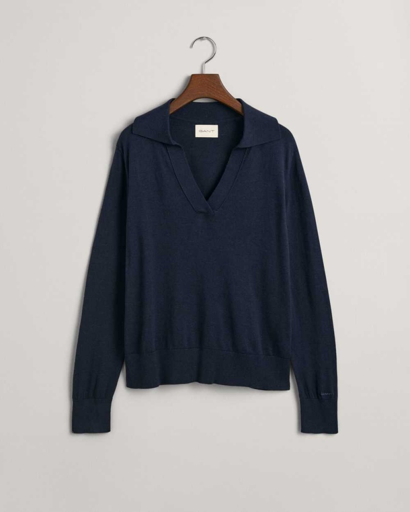 Gant Fine Knit Rugger Women's Sweater Evening Blue | TPRIU-0164