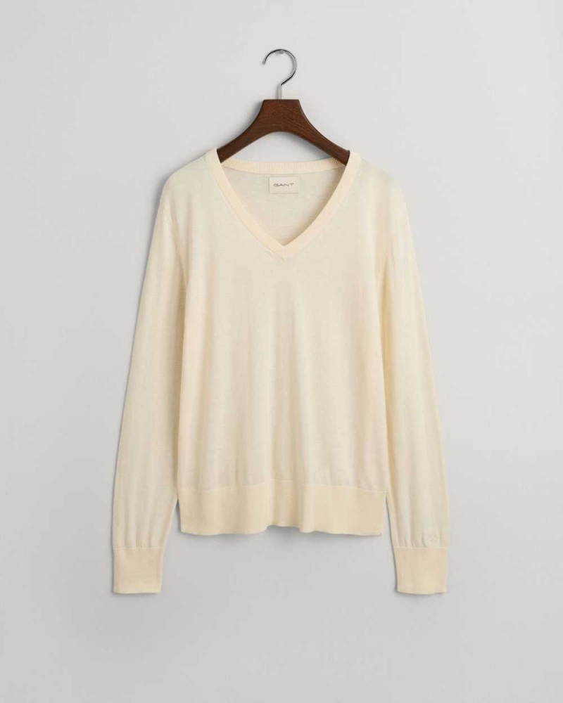 Gant Fine Knit V-Neck Women's Sweater Cream | LASQK-4318