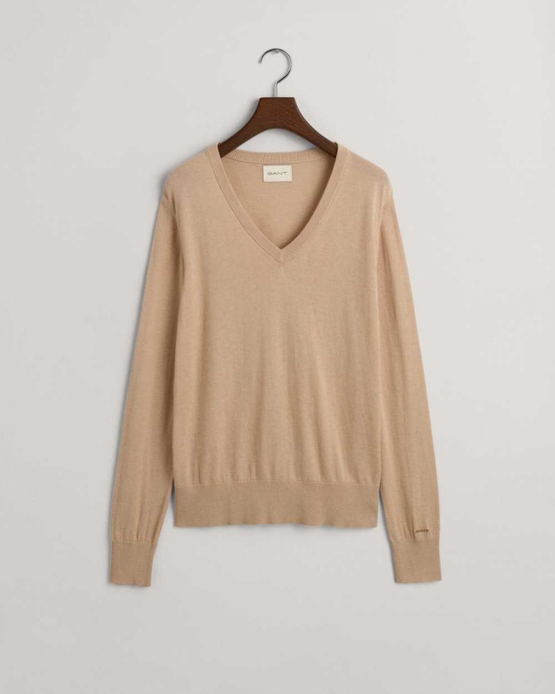 Gant Fine Knit V-Neck Women\'s Sweater Dry Sand | QIWOP-5296