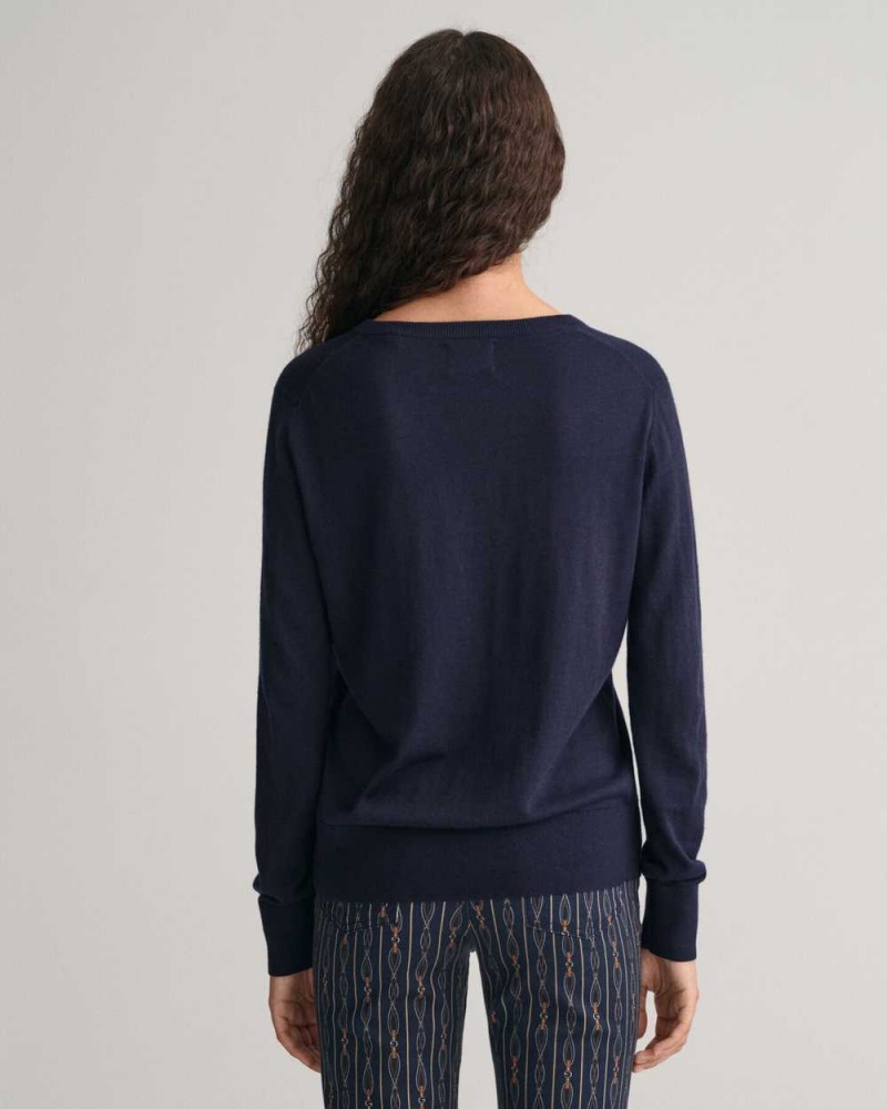 Gant Fine Knit V-Neck Women's Sweater Evening Blue | WTKNA-0359