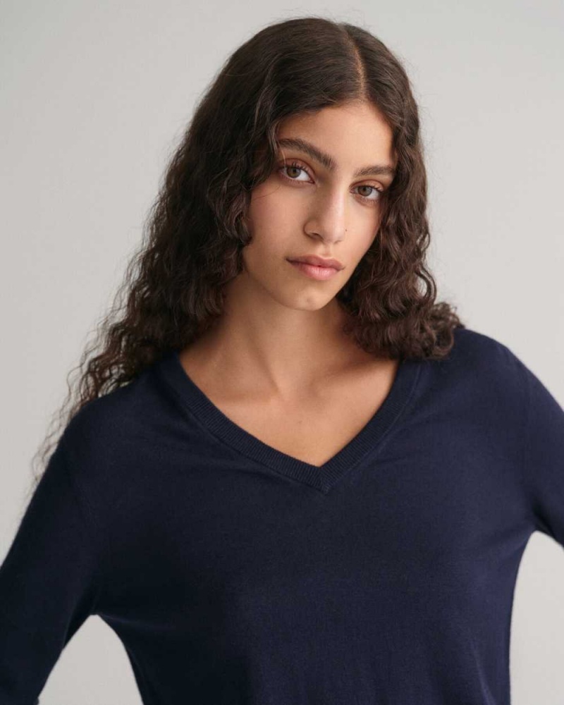 Gant Fine Knit V-Neck Women's Sweater Evening Blue | WTKNA-0359