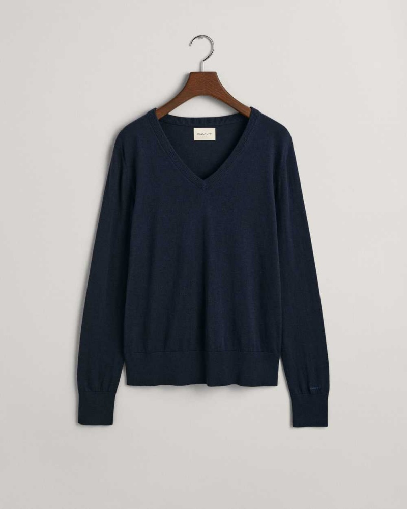 Gant Fine Knit V-Neck Women's Sweater Evening Blue | WTKNA-0359