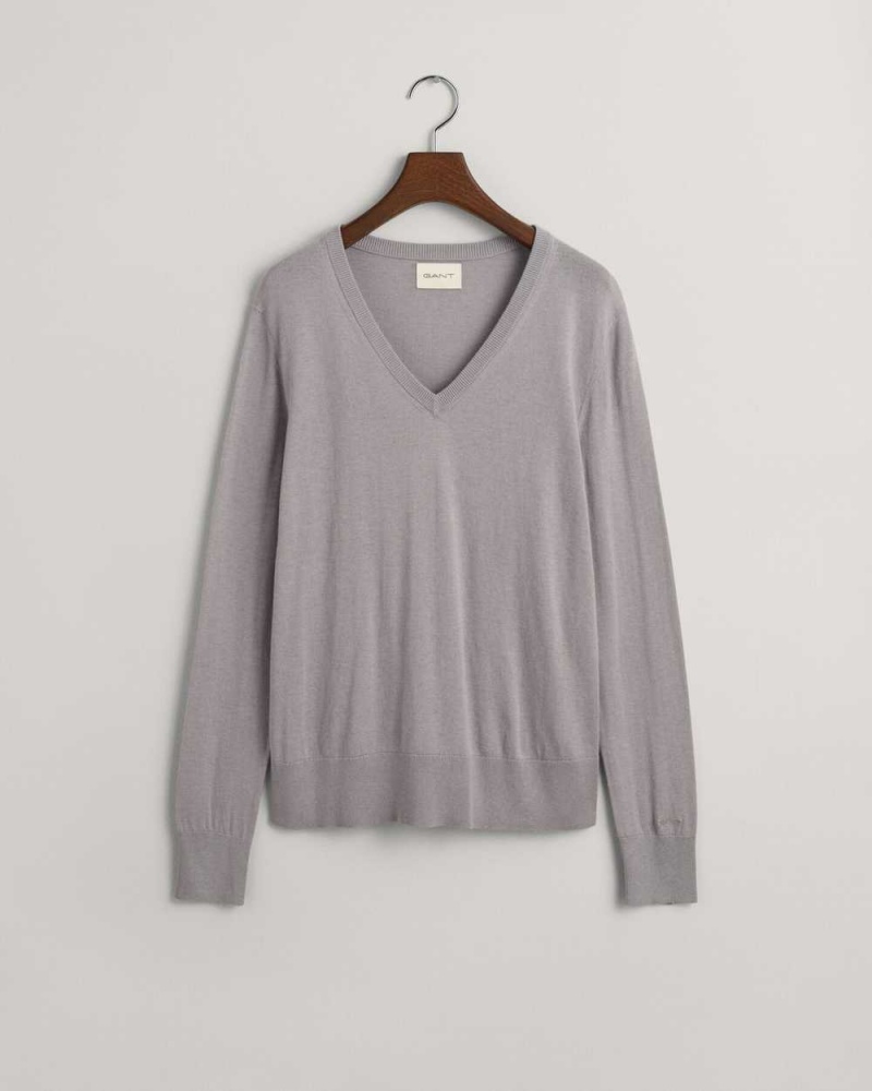 Gant Fine Knit V-Neck Women's Sweater Mid Grey | PGIDF-1096