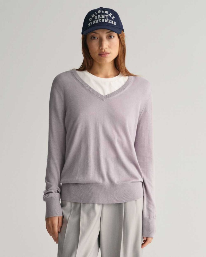 Gant Fine Knit V-Neck Women\'s Sweater Mid Grey | PGIDF-1096