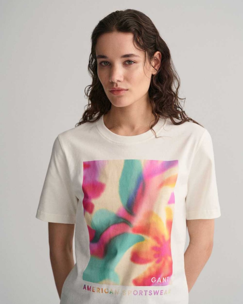 Gant Floral Graphic Women's T-Shirt Beige White | LPFOG-5824