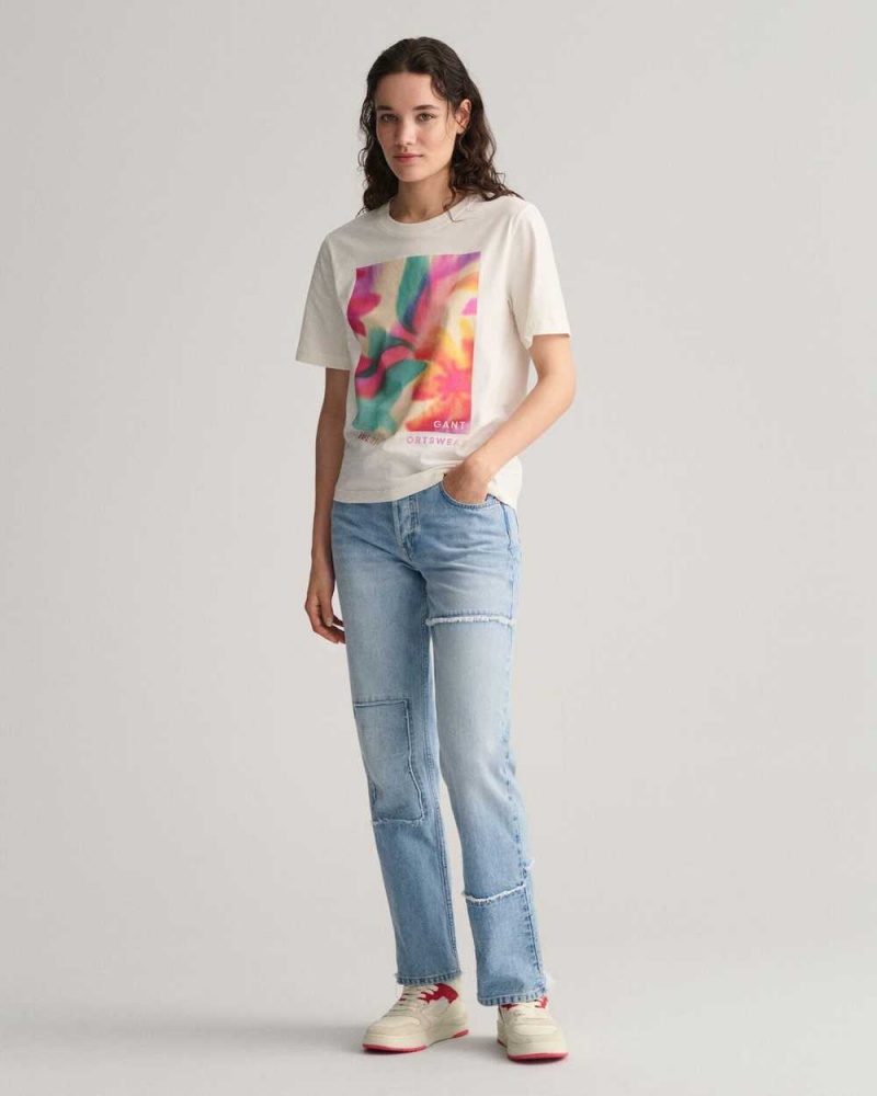 Gant Floral Graphic Women's T-Shirt Beige White | LPFOG-5824