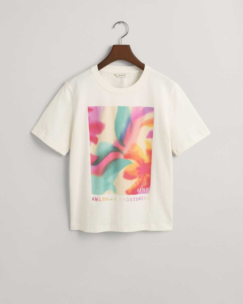 Gant Floral Graphic Women's T-Shirt Beige White | LPFOG-5824