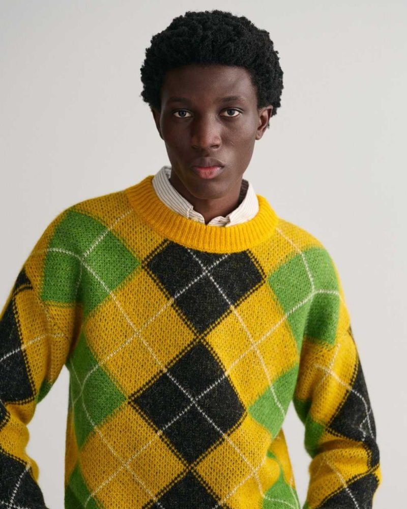 Gant Furry Argyle Crew Neck Men's Sweater Sunflower Yellow | ZTRON-7321