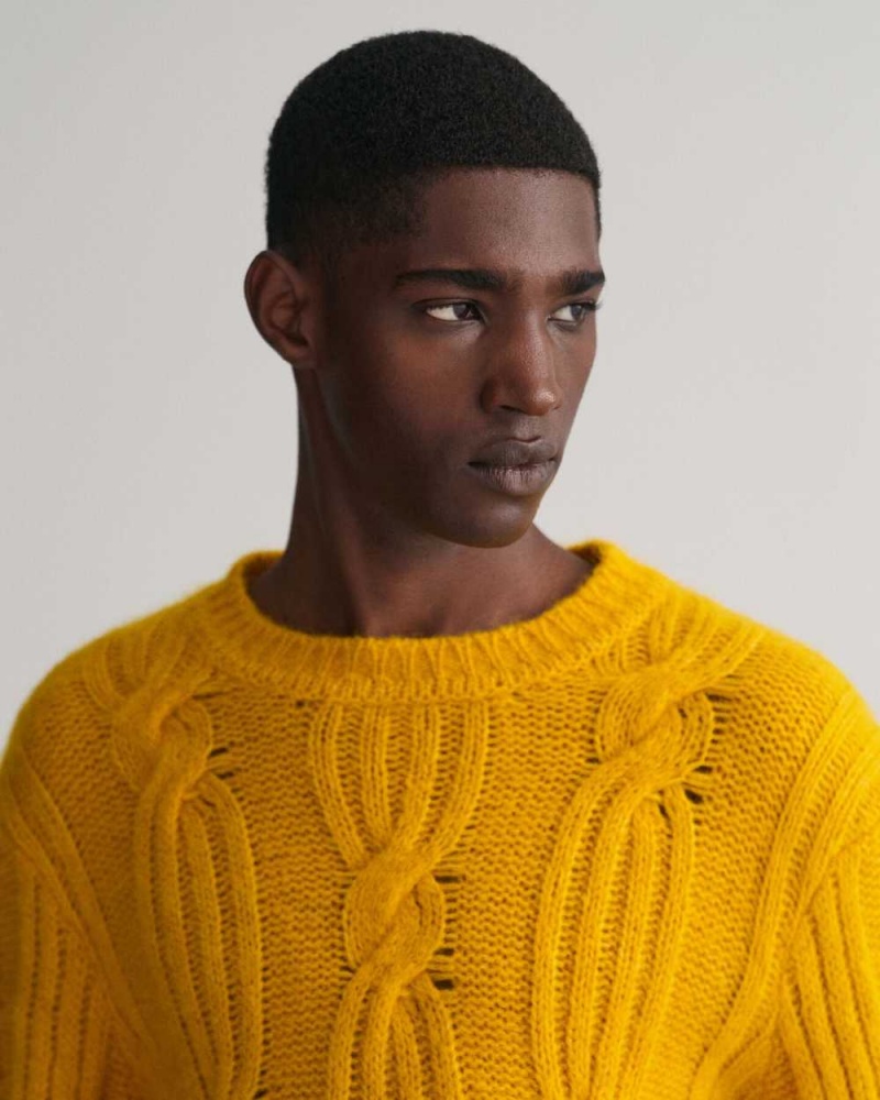 Gant Furry Cable Knit Crew Neck Men's Sweater Sunflower Yellow | EAWQJ-3214