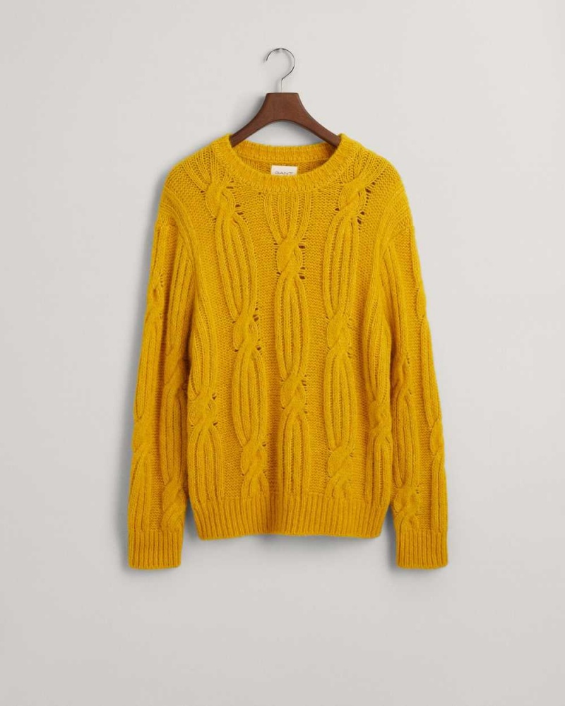 Gant Furry Cable Knit Crew Neck Men's Sweater Sunflower Yellow | EAWQJ-3214