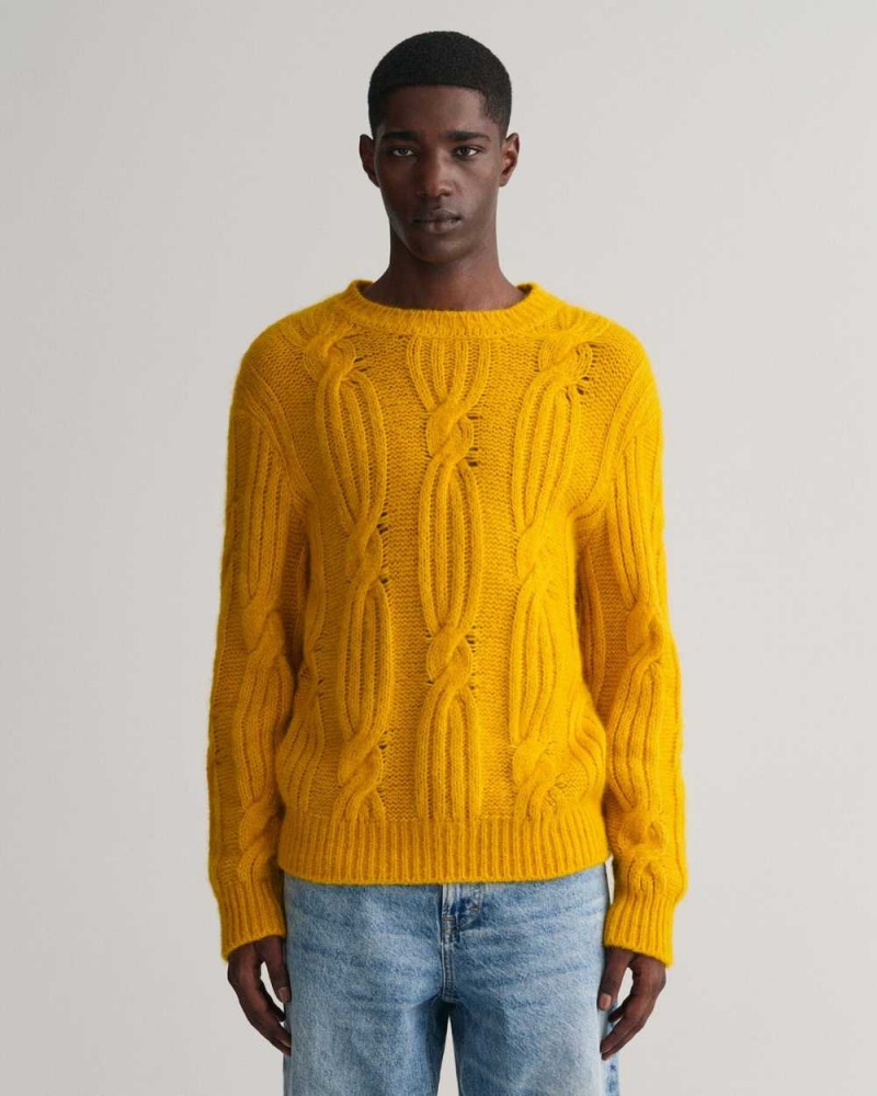 Gant Furry Cable Knit Crew Neck Men\'s Sweater Sunflower Yellow | EAWQJ-3214