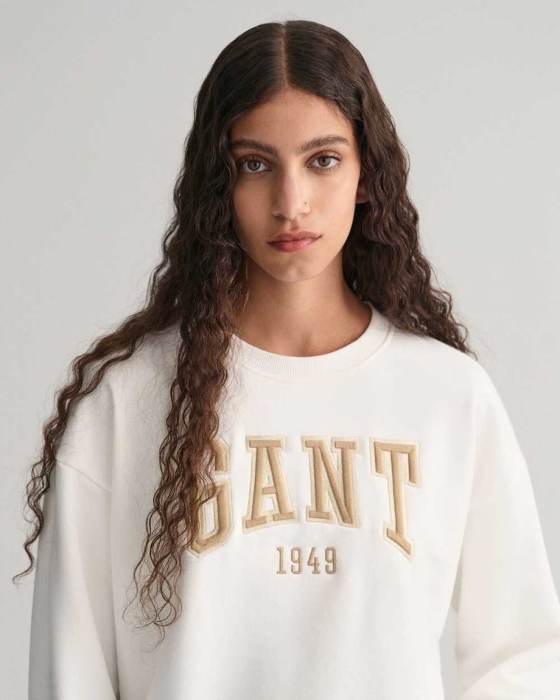 Gant GANT Graphic Crew Neck Women's Sweatshirts Beige White | CSLUY-0943