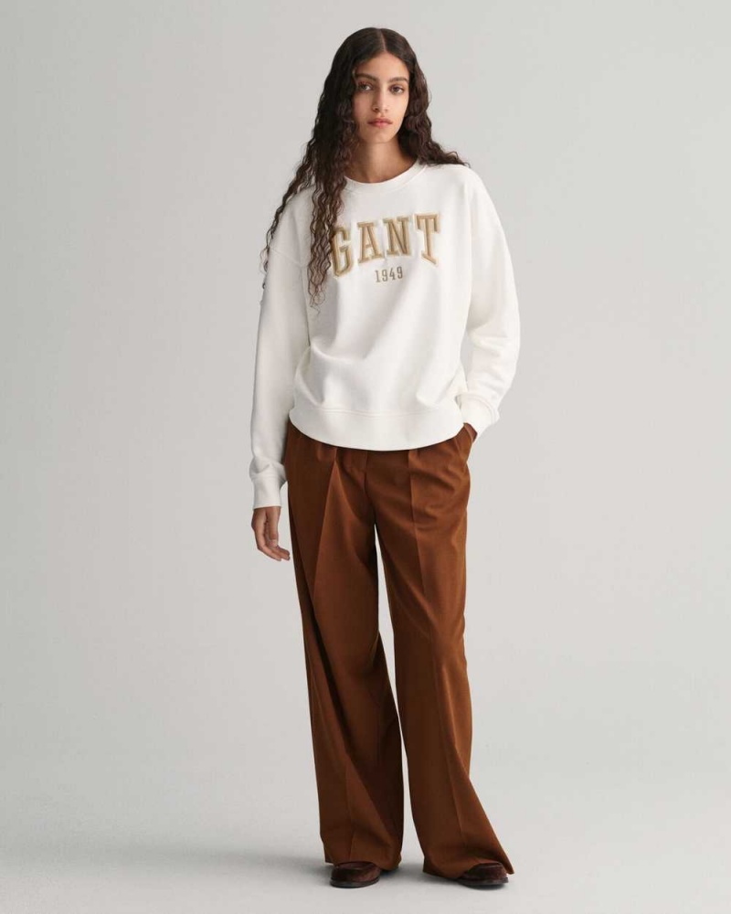 Gant GANT Graphic Crew Neck Women's Sweatshirts Beige White | CSLUY-0943