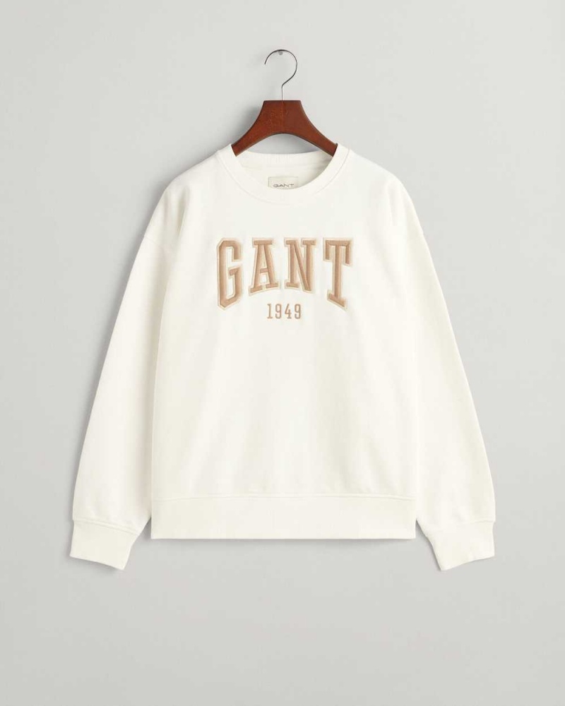 Gant GANT Graphic Crew Neck Women's Sweatshirts Beige White | CSLUY-0943