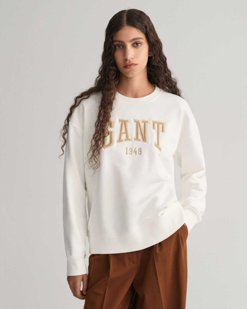 Gant GANT Graphic Crew Neck Women\'s Sweatshirts Beige White | CSLUY-0943