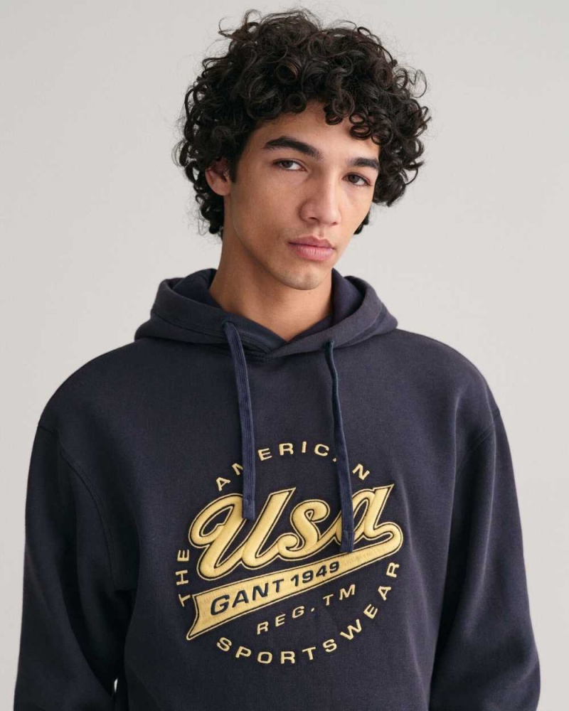 Gant GANT USA Men's Hoodie Evening Blue | QJDKZ-7513