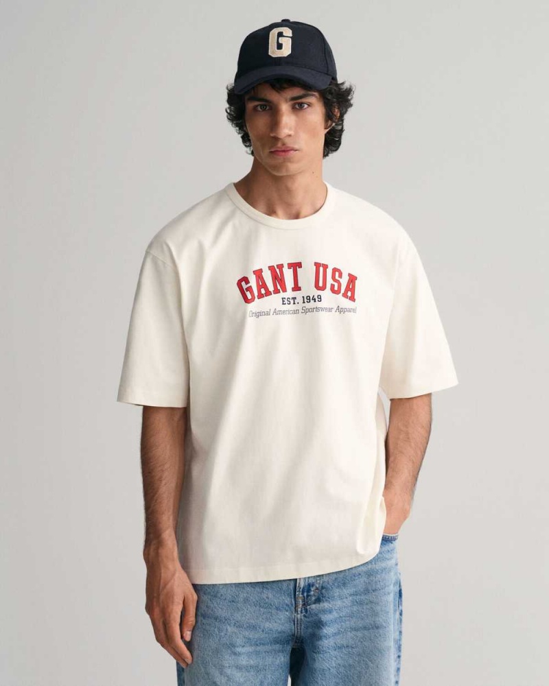 Gant GANT USA Men\'s T-Shirt Cream | RLXJQ-1239